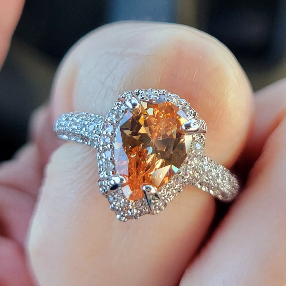 Champagne Amber Teardrop White Diamonds 925 Silver Ring Size 7